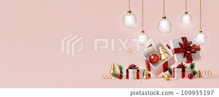 3d Christmas and New Year background. Xmas pine fir lush tree, gifts box. Glass Balls hanging on ribbon. Bright Winter holiday composition. Greeting card, banner, poster 109935197