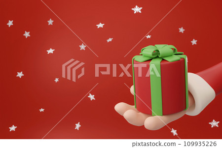 Merry Christmas and Happy New Year. 3d design, hand of Santa Claus in palm holding red gift box, Xmas holiday banner, Advertising Web poster, 3d render illustration. 109935226