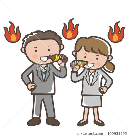 Illustration of a businessman and businesswoman injecting energy with an energy drink during the last spurt of work 109935295