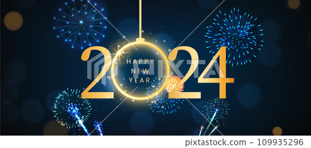 New Year firework and golden numbers 2024, blue background. Celebration New Years Eve. banner or greeting card for Merry Christmas and happy new year, Vector illustration. 109935296