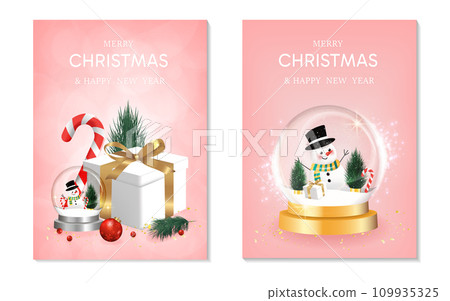 Happy New Year background set. transparent christmas balls with star and box of gifts strewn with snow on pink background, realistic 3d decorative garland glow. Xmas Decorations. Vector illustration. Happy New Year background set. transparent christmas balls with star and box of gifts strewn with snow on pink background, realistic 3d decorative garland glow. Xmas Decorations. Vector illustration. 109935325
