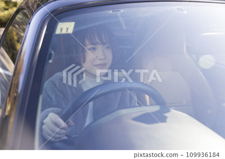 A young woman driving a car A young woman driving a car 109936184