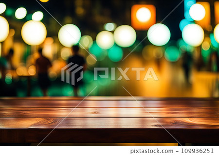 Empty wood tabletop or counter with display product. Blur image of night market background. Display product background concept 109936251