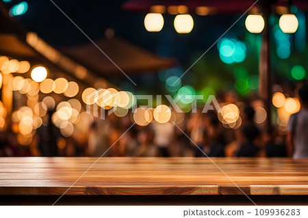 Empty wood tabletop or counter with display product. Blur image of night market background. Display product background concept Empty wood tabletop or counter with display product. Blur image of night market background. Display product background concept 109936283