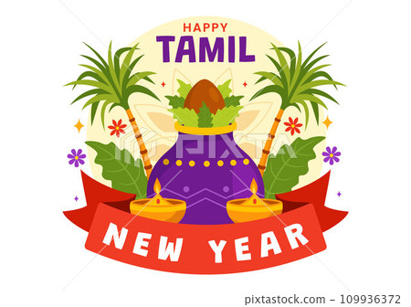 Happy Tamil New Year Vector Illustration with Vishu Flowers, Coconut, Candle, Pots and Indian Hindu Festival in Flat Cartoon Background Design Happy Tamil New Year Vector Illustration with Vishu Flowers, Coconut, Candle, Pots and Indian Hindu Festival in Flat Cartoon Background Design 109936372