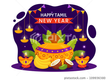 Happy Tamil New Year Vector Illustration with Vishu Flowers, Coconut, Candle, Pots and Indian Hindu Festival in Flat Cartoon Background Design 109936380