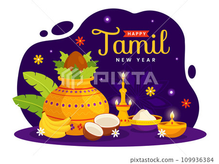 Happy Tamil New Year Vector Illustration with Vishu Flowers, Coconut, Candle, Pots and Indian Hindu Festival in Flat Cartoon Background Design 109936384