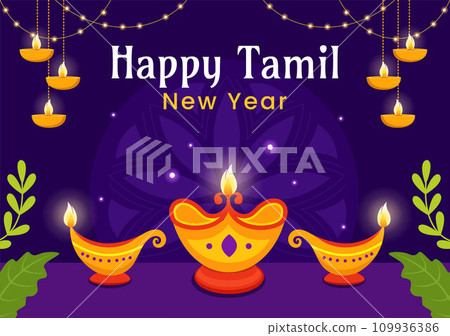 Happy Tamil New Year Vector Illustration with Vishu Flowers, Coconut, Candle, Pots and Indian Hindu Festival in Flat Cartoon Background Design Happy Tamil New Year Vector Illustration with Vishu Flowers, Coconut, Candle, Pots and Indian Hindu Festival in Flat Cartoon Background Design 109936386
