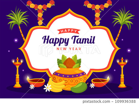 Happy Tamil New Year Vector Illustration with Vishu Flowers, Coconut, Candle, Pots and Indian Hindu Festival in Flat Cartoon Background Design Happy Tamil New Year Vector Illustration with Vishu Flowers, Coconut, Candle, Pots and Indian Hindu Festival in Flat Cartoon Background Design 109936388