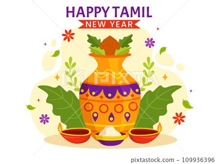 Happy Tamil New Year Vector Illustration with Vishu Flowers, Coconut, Candle, Pots and Indian Hindu Festival in Flat Cartoon Background Design Happy Tamil New Year Vector Illustration with Vishu Flowers, Coconut, Candle, Pots and Indian Hindu Festival in Flat Cartoon Background Design 109936396