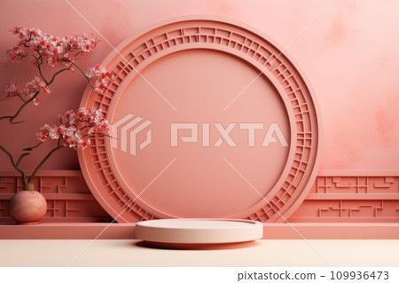 AI-generated content. Chinese new year minimal clean spread out arch and podium background. Generative AI 109936473