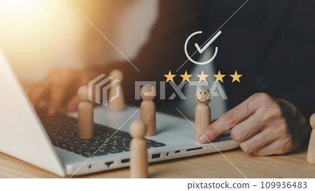 HR manager approved. Good employer. Human resources. hand choose takes person man wooden doll with smile face. Leader stands out from crowd. Looking for good worker. HR, HRM, HRD concepts. 109936483