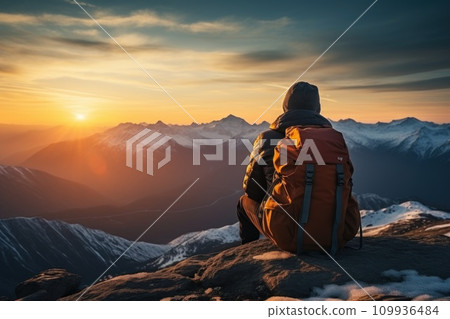 AI-generated content. A person's sitting on the hight moutain winter, sunrise. Generative AI 109936484