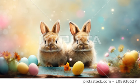 AI-generated content. Happy Easter background banner panorama greeting card, colorful rabbits. Generative AI 109936527