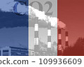 greenhouse gas emissions in France, the concept of the French industry, CO2 emissions into the atmosphere. Pipes with smoke on the background of the French flag. The concept of air pollution in 109936609