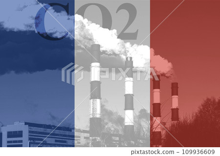 greenhouse gas emissions in France, the concept of the French industry, CO2 emissions into the atmosphere. Pipes with smoke on the background of the French flag. The concept of air pollution in greenhouse gas emissions in France, the concept of the French industry, CO2 emissions into the atmosphere. Pipes with smoke on the background of the French flag. The concept of air pollution in 109936609