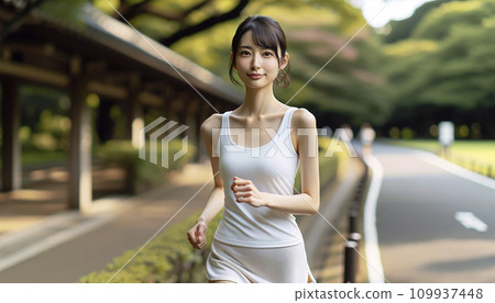 A cheerful woman enjoying jogging even in winter 109937448