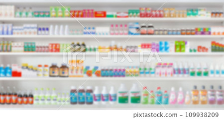 pharmacy drugstore shelves blur pharmaceutical medicine product background 109938209