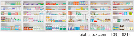 pharmacy drugstore shelves blur pharmaceutical medicine product background 109938214