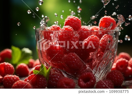 AI-generated content. A handful of fresh ripe raspberries and green leaves in splashes of water isolated on a black background. AI-generated content. A handful of fresh ripe raspberries and green leaves in splashes of water isolated on a black background. 109938775