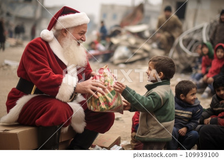 AI-generated content. Santa Claus giving christmas gift to children with comeliness 109939100