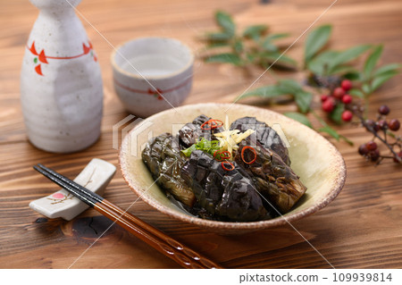 Home-cooked boiled eggplant and hot Japanese sake Home-cooked boiled eggplant and hot Japanese sake 109939814