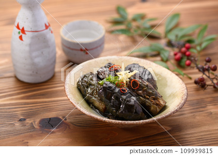 Home-cooked boiled eggplant and hot Japanese sake 109939815