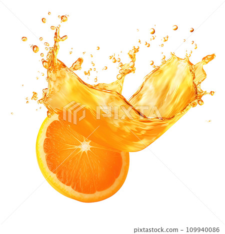 Dynamic Orange Juice Splash on Transparent Background, Fresh Citrus Liquid Wave with Vibrant Swirls and Droplets, Ideal for Beverage Ads and Health Campaigns., Ai generative 109940086