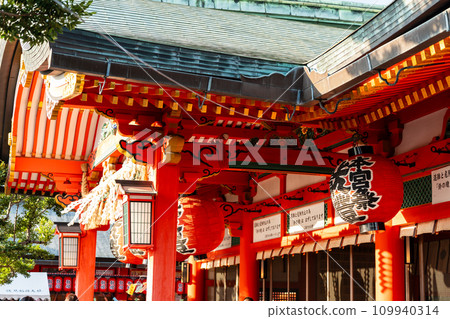 Kyoto, Japan - July 23 2023 : Japanese traditional red lanterns at Fushimi Inari Shrine ( Fushimi Inari Taisha ) during the Motomiya Festival or Motomiyasai Festival. 109940314