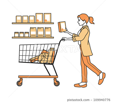 A woman pushing a cart and shopping 109940776