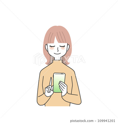 看智能手機和微笑的婦女 看智能手機和微笑的婦女 109941201