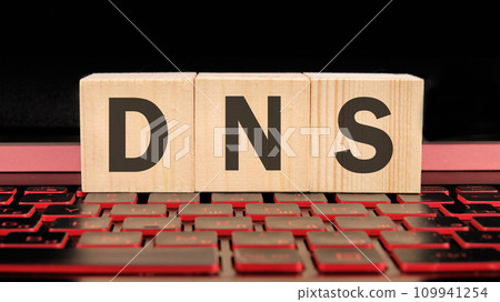 DNS -Domain Name Server written on wooden cubes on the laptop keyboard 109941254