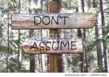 DO NOT ASSUME the inscription on the pillar against the background of the forest DO NOT ASSUME the inscription on the pillar against the background of the forest 109941268