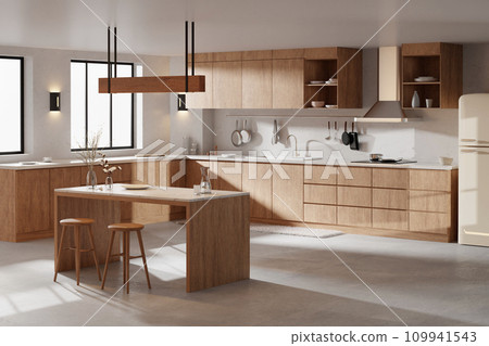 A bright beige-toned kitchen interior with sunlight coming through the window. A bright beige-toned kitchen interior with sunlight coming through the window. 109941543