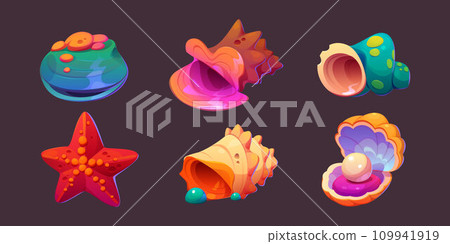 Sea shell and conch, starfish and pearl game icons 109941919