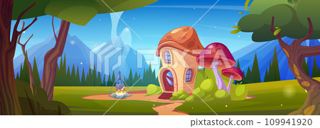 Gnome mushroom house on forest glade 109941920