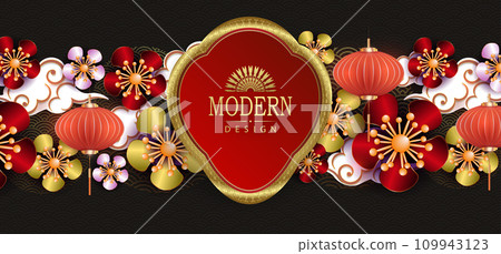 Chinese New Year design with frame and flower garland and air lanterns 109943123