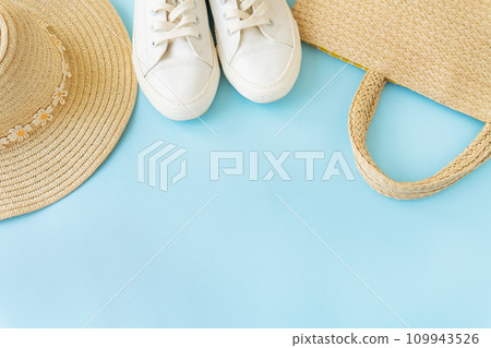 This look features summery pieces on a blue background 109943526