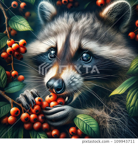 Cute raccoon with rowan berries in the forest. Animal portrait. Generative AI Cute raccoon with rowan berries in the forest. Animal portrait. Generative AI 109943711
