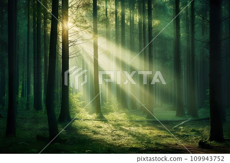 Image of forest with sunlight filtering through the leaves 02 109943752
