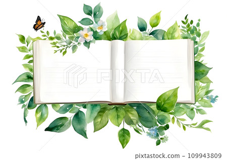 Watercolor stack of books butterfly flower green leaves on white Watercolor stack of books butterfly flower green leaves on white 109943809