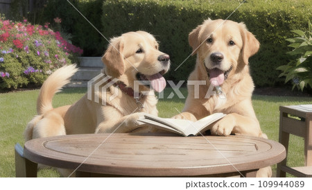 golden retriever reading a book golden retriever reading a book 109944089