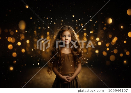 AI-generated content. Cute girl on golden twinkle lights background AI-generated content. Cute girl on golden twinkle lights background 109944107