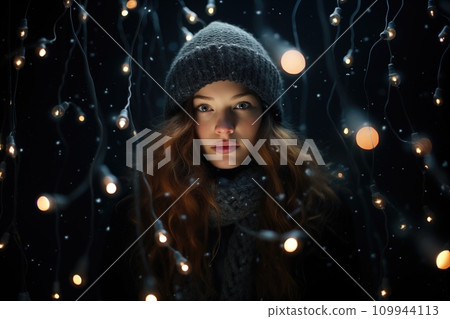 AI-generated content. Cute girl on golden twinkle lights background 109944113
