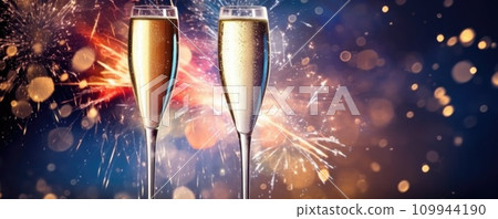 AI-generated content. New Years celebration with fireworks and champagne glasses comeliness 109944190