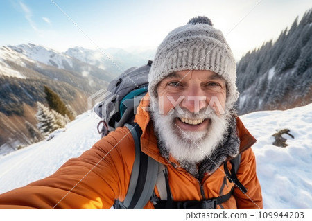 AI-generated content. Traveler influencer taking selfie during travel in winter season comeliness AI-generated content. Traveler influencer taking selfie during travel in winter season comeliness 109944203