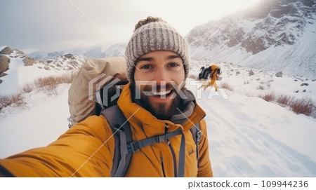 AI-generated content. Traveler influencer taking selfie during travel in winter season comeliness 109944236