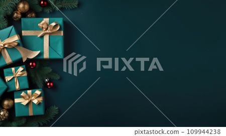 AI-generated content. New Year banner with Christmas gift boxes and golden decorations. comeliness 109944238