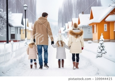 AI-generated content. Happy family Father, mother and children are on winter walk in nature comeliness 109944415