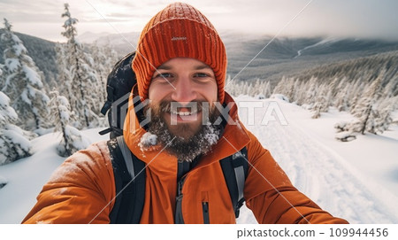 AI-generated content. Traveler influencer taking selfie during travel in winter season comeliness 109944456